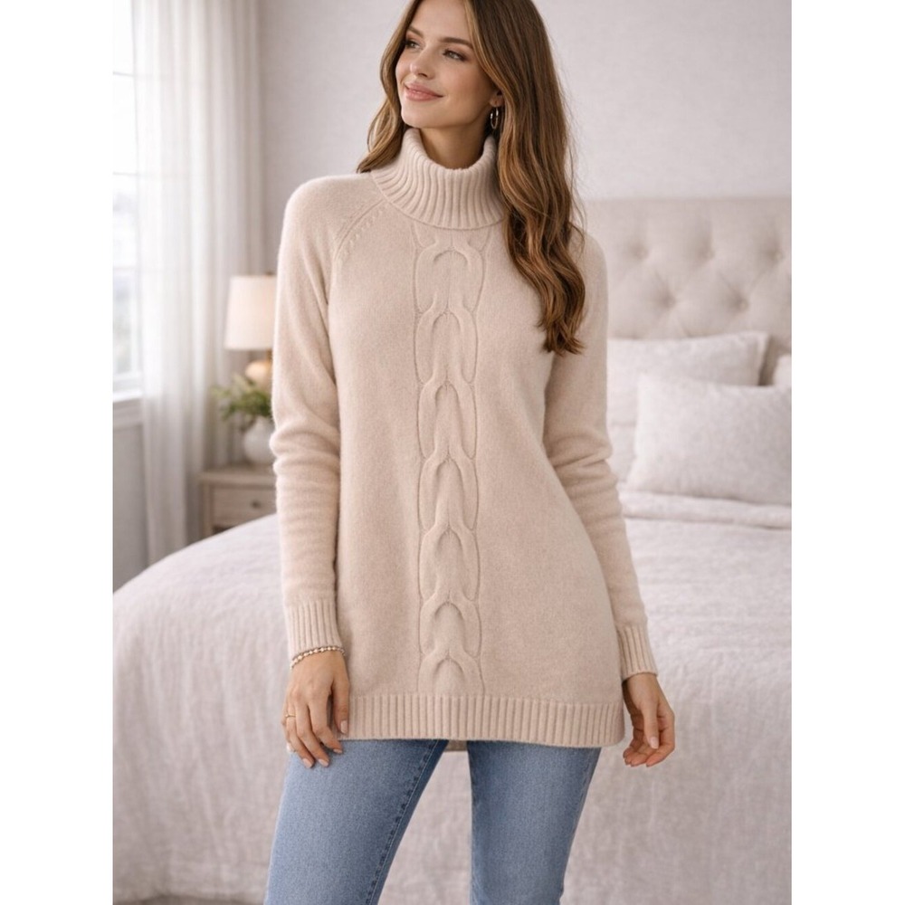 Garnet Hill 100% Cashmere Turtleneck Tunic‎ Sweater Cable Knit Cream Small